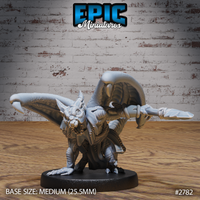 Winged kobold warrior gripping a long spear horizontally in both hands, wings half-spread, wearing scaled hide armour with a beaded chest adornment and a low, aggressive stance. Sculpt by Epic Miniatures.