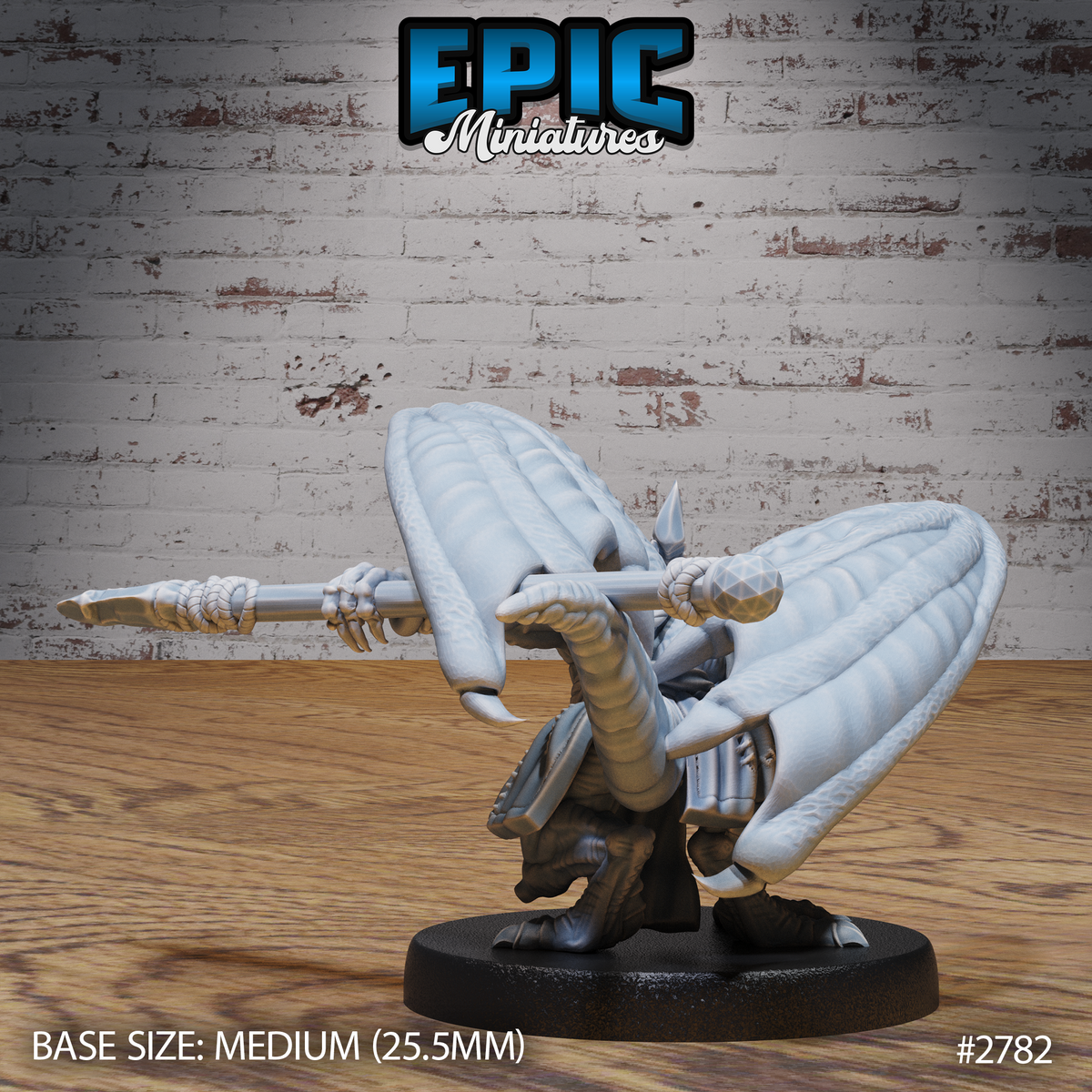 Winged kobold spear-bearer seen from behind, showing fully extended membranous wings with ribbed veining, scaled back armour, and a double-handed grip on a long spear. Sculpt by Epic Miniatures.