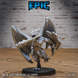 Winged kobold miniature gripping a shortbow, jaws open in a snarl, leathery wings spread wide, with a full quiver strapped to its back. Sculpt by Epic Miniatures.