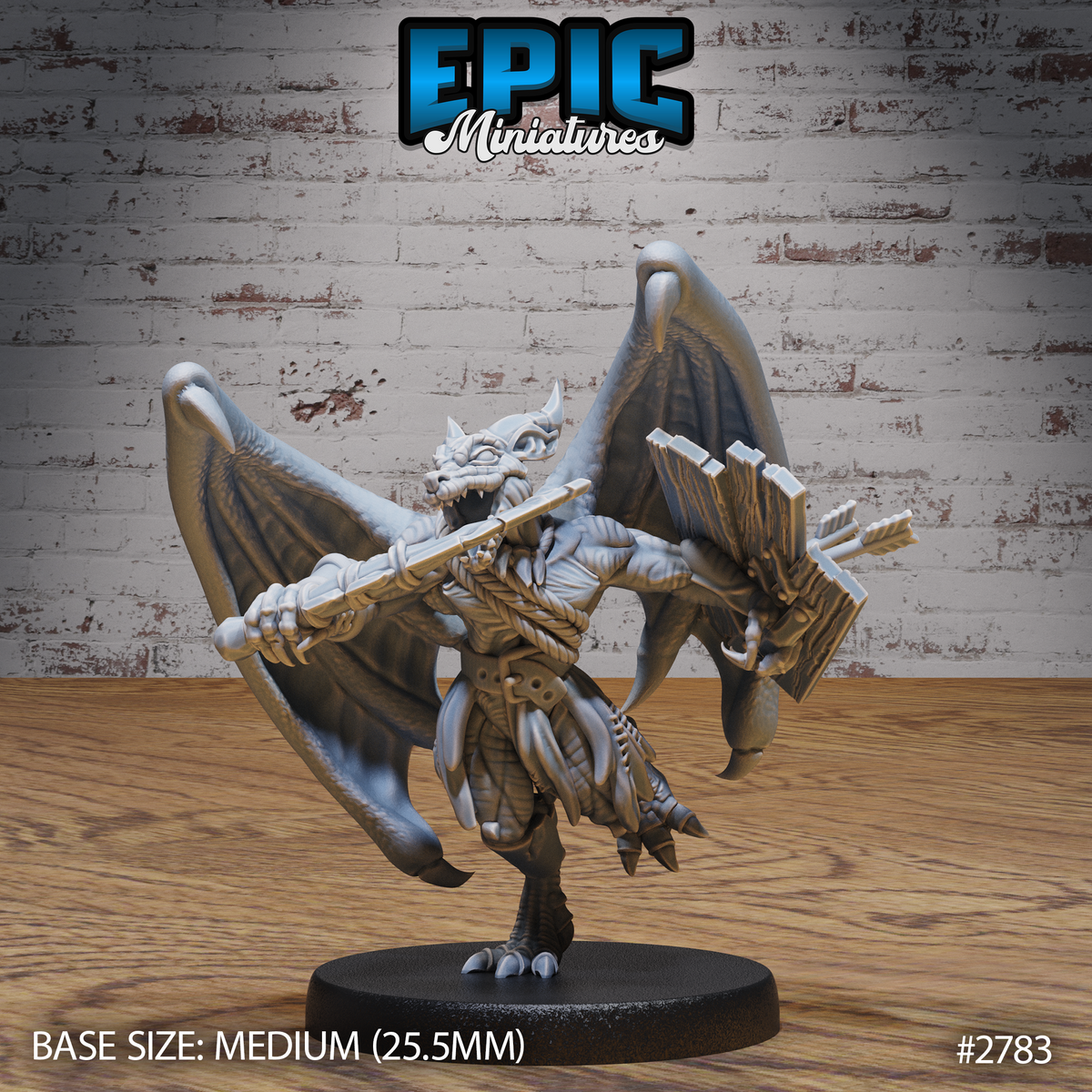 Winged kobold miniature gripping a shortbow, jaws open in a snarl, leathery wings spread wide, with a full quiver strapped to its back. Sculpt by Epic Miniatures.