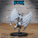 Winged kobold miniature seen from behind, wings fully extended showing ribbed membrane detail, clawed feet and quiver of arrows visible. Sculpt by Epic Miniatures.