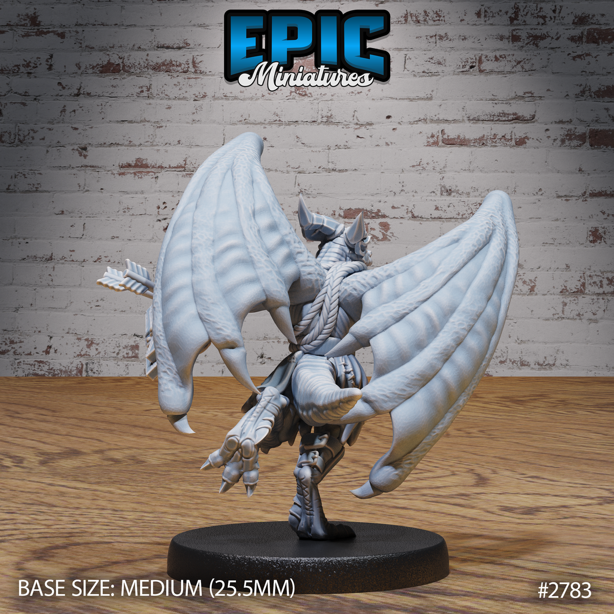 Winged kobold miniature seen from behind, wings fully extended showing ribbed membrane detail, clawed feet and quiver of arrows visible. Sculpt by Epic Miniatures.
