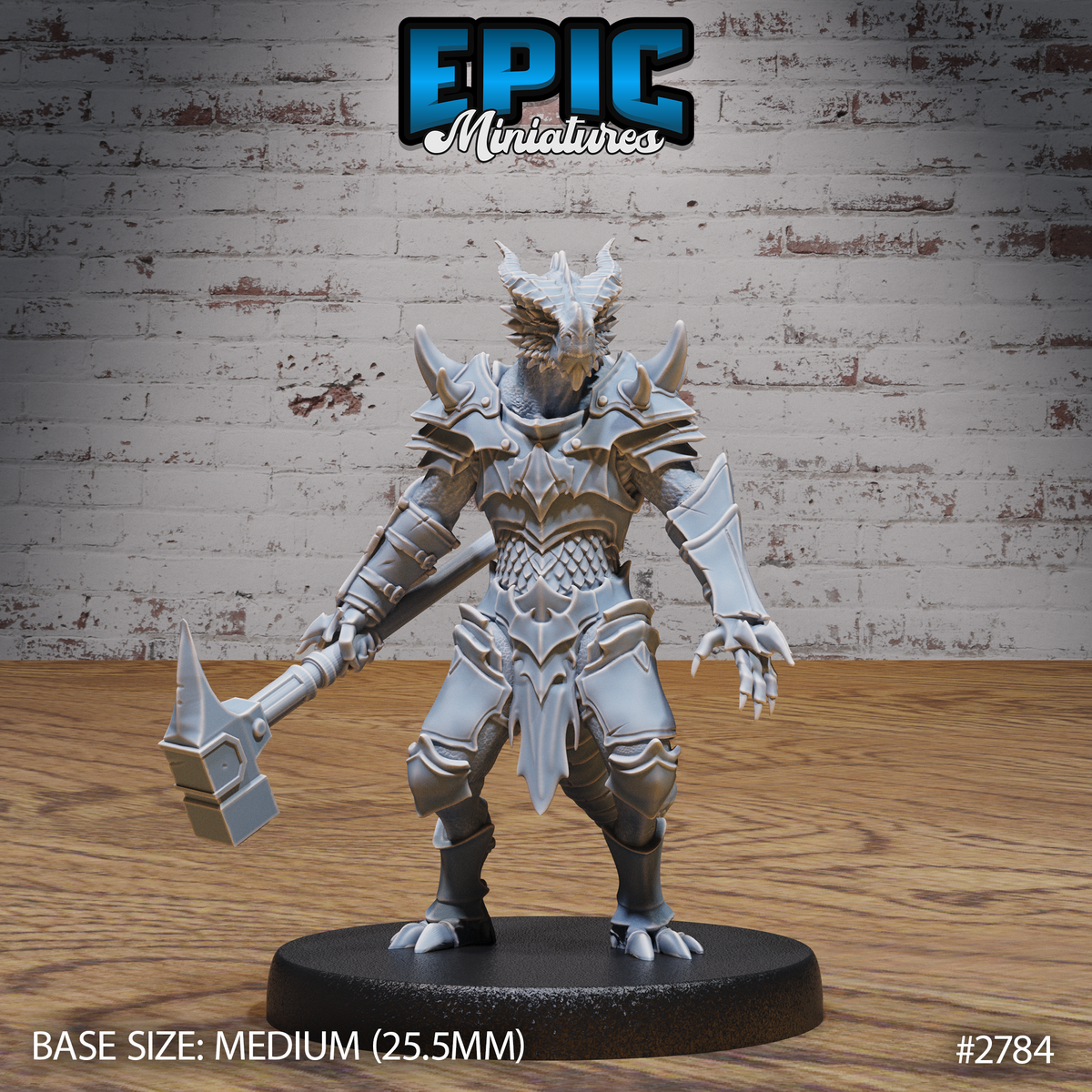 Armoured dragonborn warrior standing upright, holding a war hammer in the right hand with clawed left hand open, wearing layered draconic plate armour with horned reptilian head. Sculpt by Epic Miniatures.