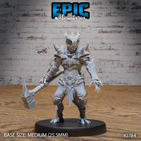 Armoured dragonborn warrior standing upright, holding a war hammer in the right hand with clawed left hand open, wearing layered draconic plate armour with horned reptilian head. Sculpt by Epic Miniatures.