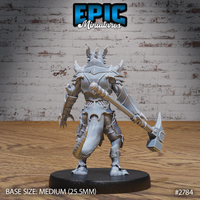 Dragonborn warrior in heavy plate armour viewed from a lower angle, war hammer extended outward and downward, scaly texture visible across legs and torso, large swept-back horns prominent. Sculpt by Epic Miniatures.