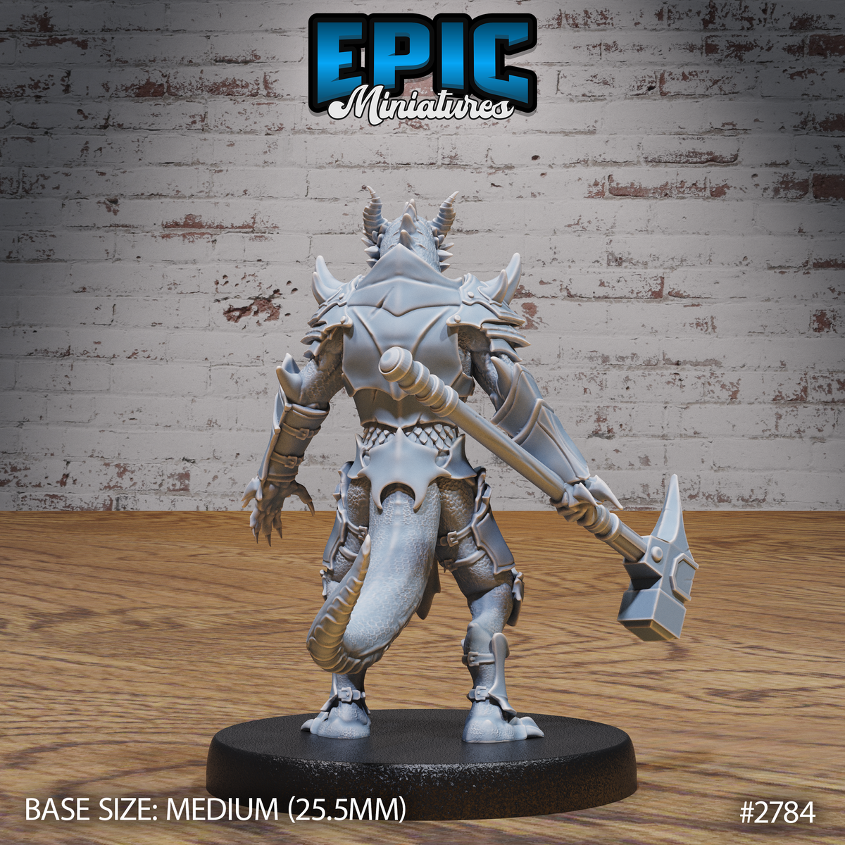 Dragonborn warrior in heavy plate armour viewed from a lower angle, war hammer extended outward and downward, scaly texture visible across legs and torso, large swept-back horns prominent. Sculpt by Epic Miniatures.