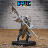 Dragonborn warrior in heavy plate and scale armour, jaw wide open in a battle cry, driving a long halberd forward at a diagonal angle. Sculpt by Epic Miniatures.