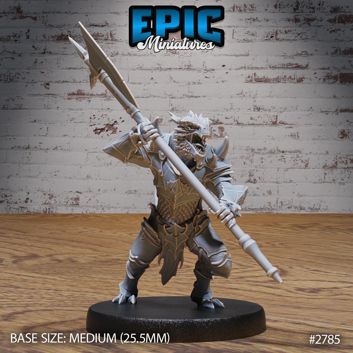 Dragonborn warrior in heavy plate and scale armour, jaw wide open in a battle cry, driving a long halberd forward at a diagonal angle. Sculpt by Epic Miniatures.