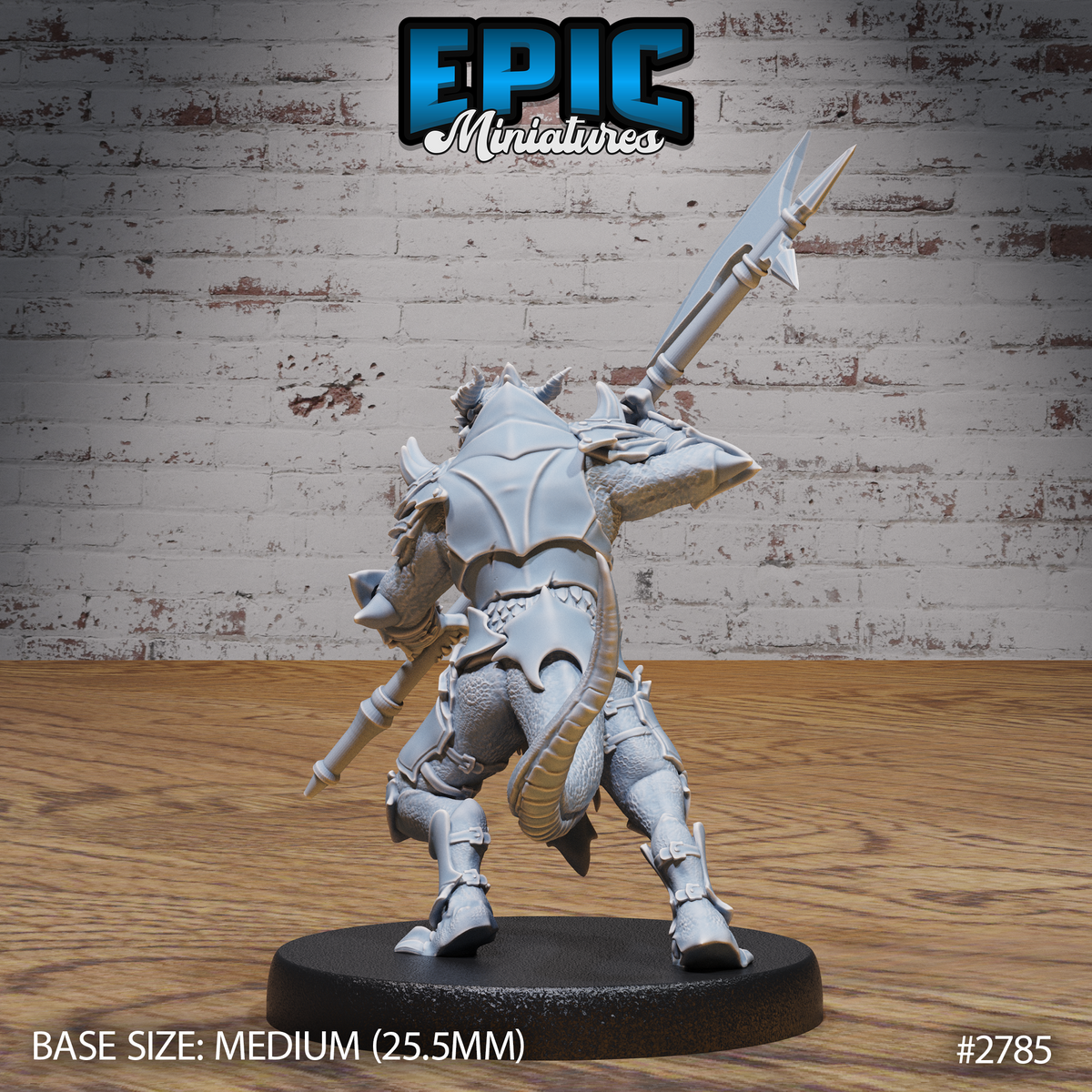 Dragonborn warrior viewed from behind, broad scaly back exposed, tail curling low, halberd raised high with the blade angled upward. Sculpt by Epic Miniatures.