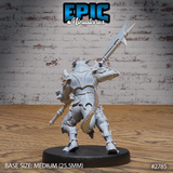 Dragonborn warrior viewed from behind, broad scaly back exposed, tail curling low, halberd raised high with the blade angled upward. Sculpt by Epic Miniatures.