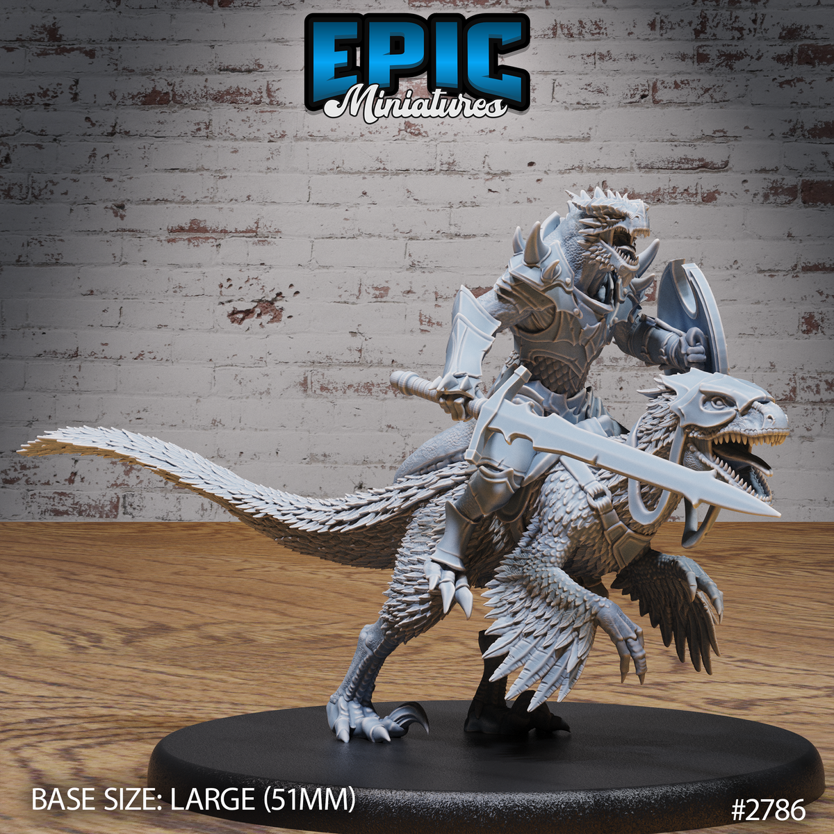 Armoured dragonborn warrior riding a feathered raptor, mouth open mid-roar, wielding a broad battle-axe and raising a heavy shield, on a large oval base. Sculpt by Epic Miniatures.