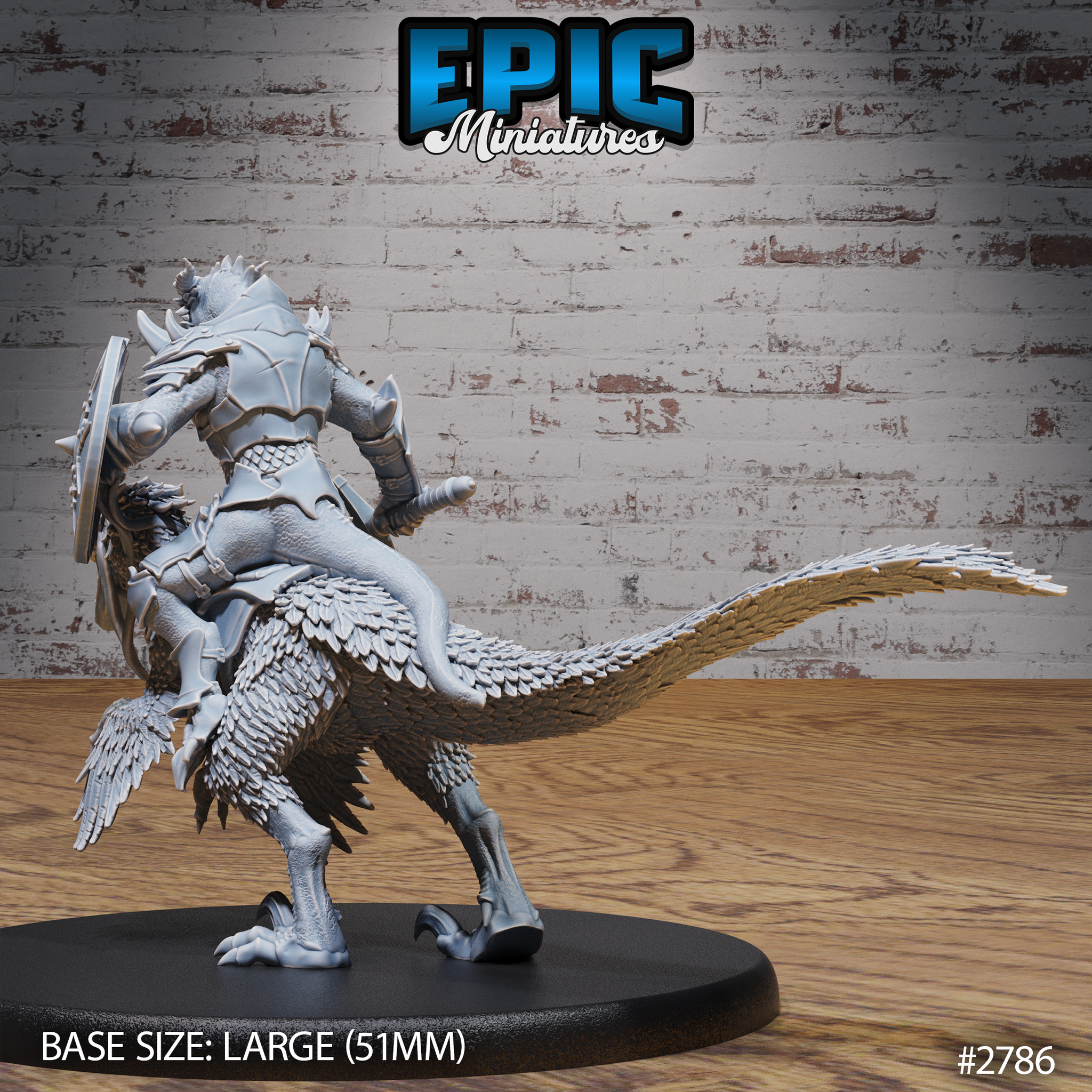 Rear view of an armoured dragonborn raptor rider, showing scaled back armour, spiked pauldrons, and the raptor's detailed feathered body and long feathered tail. Sculpt by Epic Miniatures.