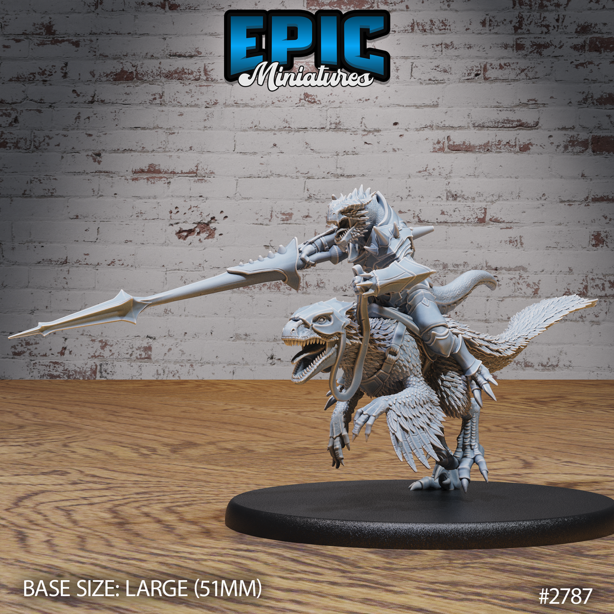 Armoured dragonborn rider on a feathered raptor mount, lance levelled forward in a full charge. Rider wears spiked plate armour with a crested helmet; raptor's jaws open in a snarl, feathered wings fanned. Large round base. Epic Miniatures.