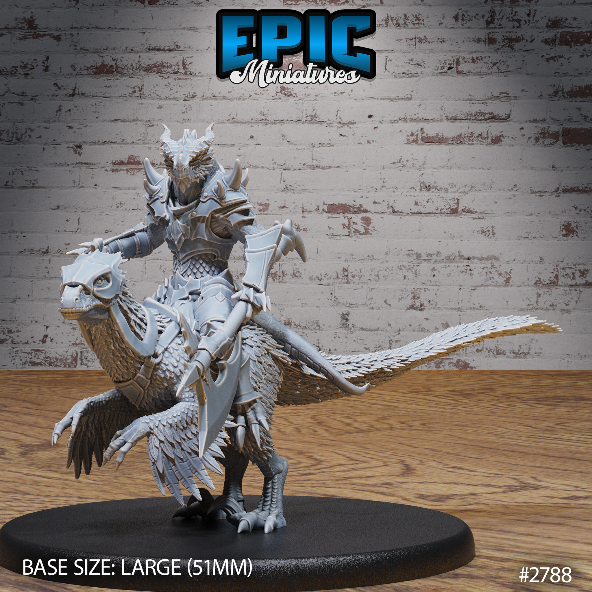 Armoured Dragonborn warrior riding a feathered raptor, holding an axe, wearing spiked draconic plate armour with swept pauldrons, raptor leaning forward on taloned feet with a fanned feathered tail. Sculpt by Epic Miniatures.