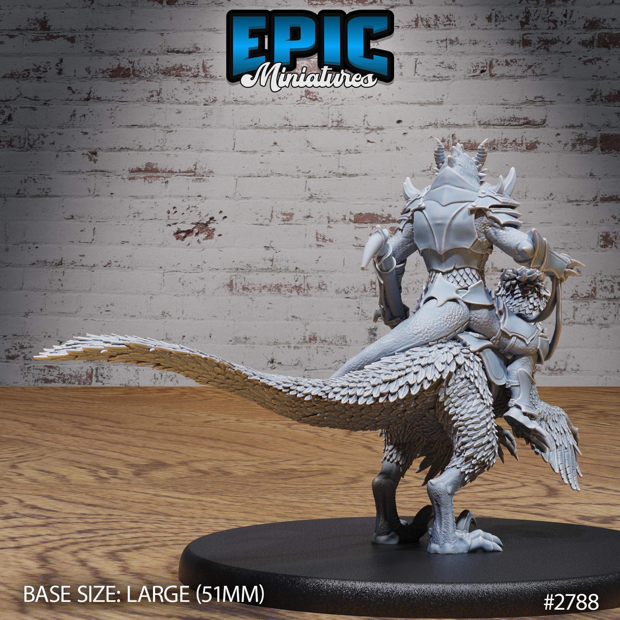 Rear view of an armoured Dragonborn raptor rider, showing overlapping scale-and-feather texture across the raptor's haunches and sweeping tail, with angular plated armour on the rider's back and shoulders. Sculpt by Epic Miniatures.