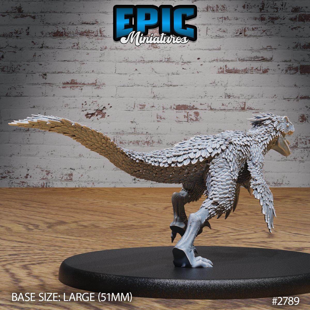 Feathered raptor miniature by Epic Miniatures viewed from the rear, showing layered feathering across the back and fanned tail plumage, with sickle-clawed feet visible and jaws open in a threat display.