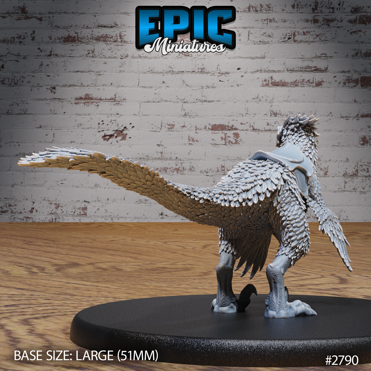 Feathered raptor seen from behind showing a broad fanned tail plume, layered back feathers, scaled lower legs, and a fitted leather saddle with straps across the back. Epic Miniatures.