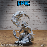 Dragon Kobold miniature by Epic Miniatures — muscular reptilian figure with open snarling jaws, rune-etched bracers and belt, coiling scaled tail, one hand crackling with flame, a massive spectral dragon head arcing overhead.