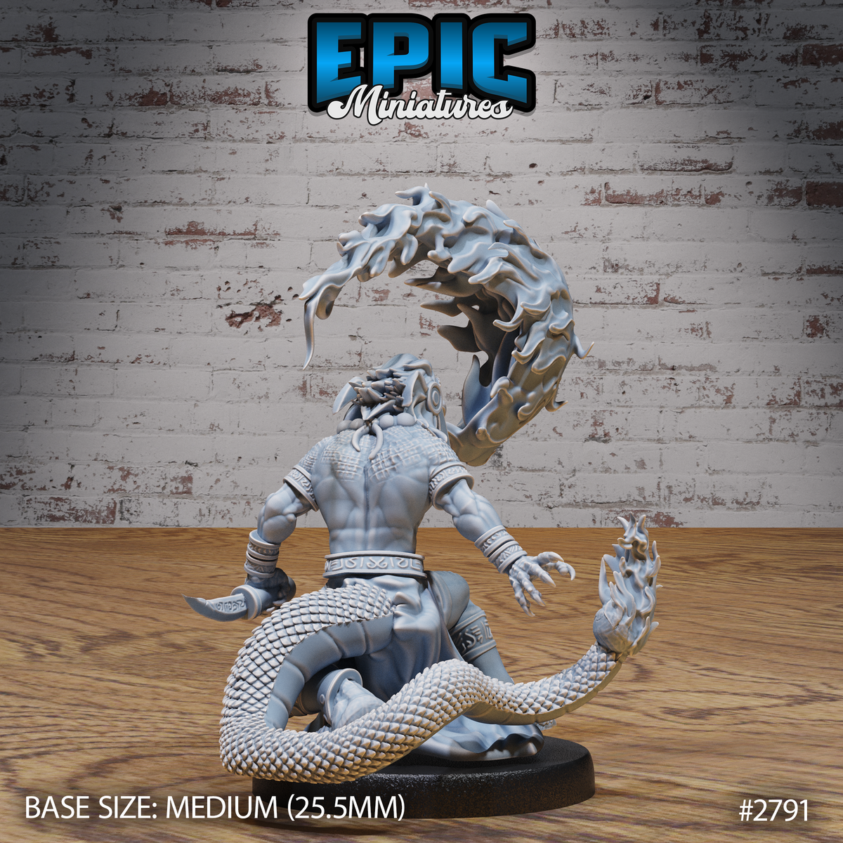 Dragon Kobold miniature by Epic Miniatures seen from behind — heavily muscled back with rune-etched armour bands, long scaled serpentine tail curling across the base, clawed hand raised, sweeping spectral dragon aura visible above.