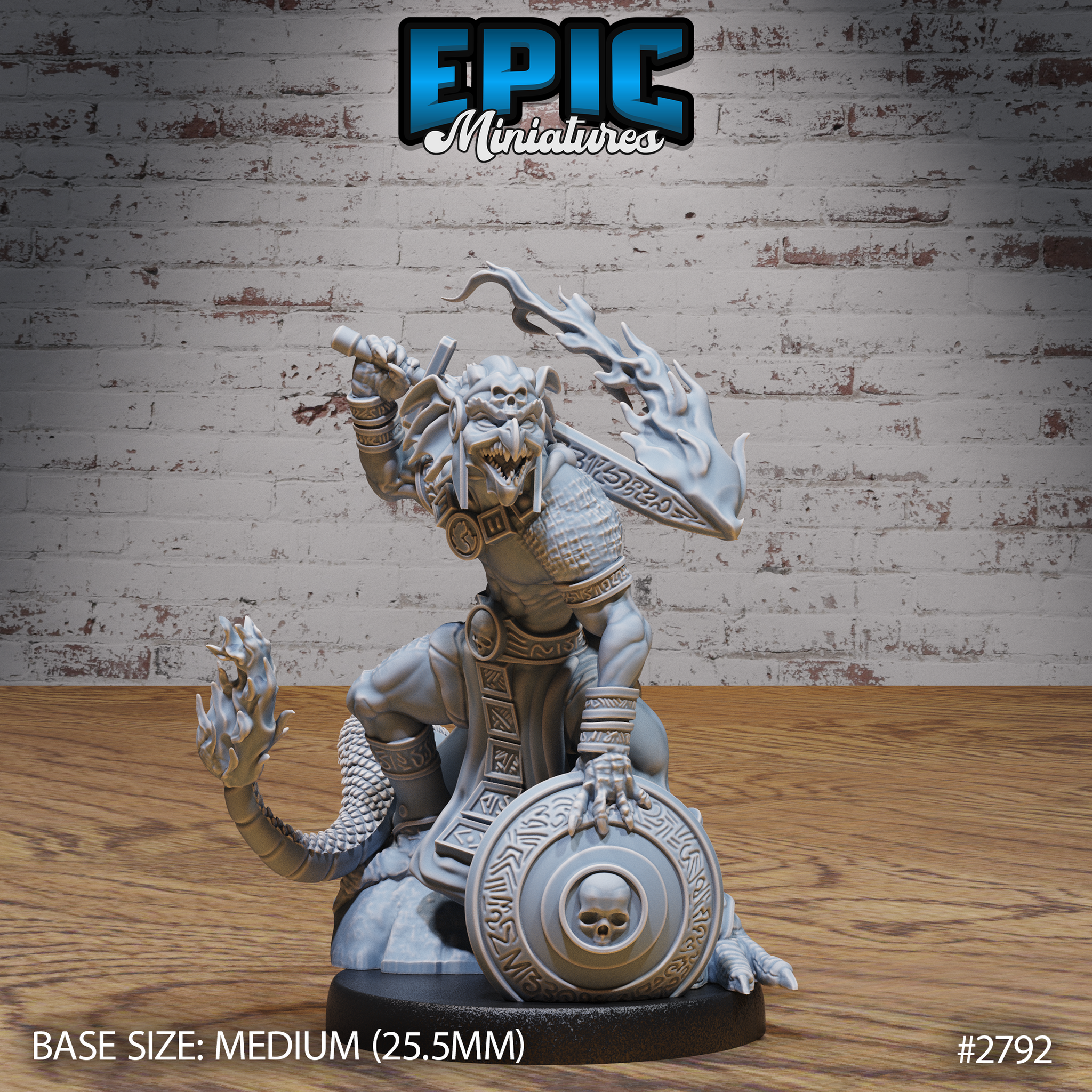 Snarling kobold champion gripping a rune-etched sword overhead, flame-wreathed clawed hands, skull pauldron, chainmail chest, kneeling atop a skull-motif shield. Sculpt by Epic Miniatures.