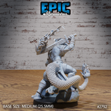 Kobold warrior seen from behind, coiling scaled lower body prominent, two-handed sword raised mid-swing, spectral flame claws outstretched at sides, wide ornate belt with rune detailing. Sculpt by Epic Miniatures.