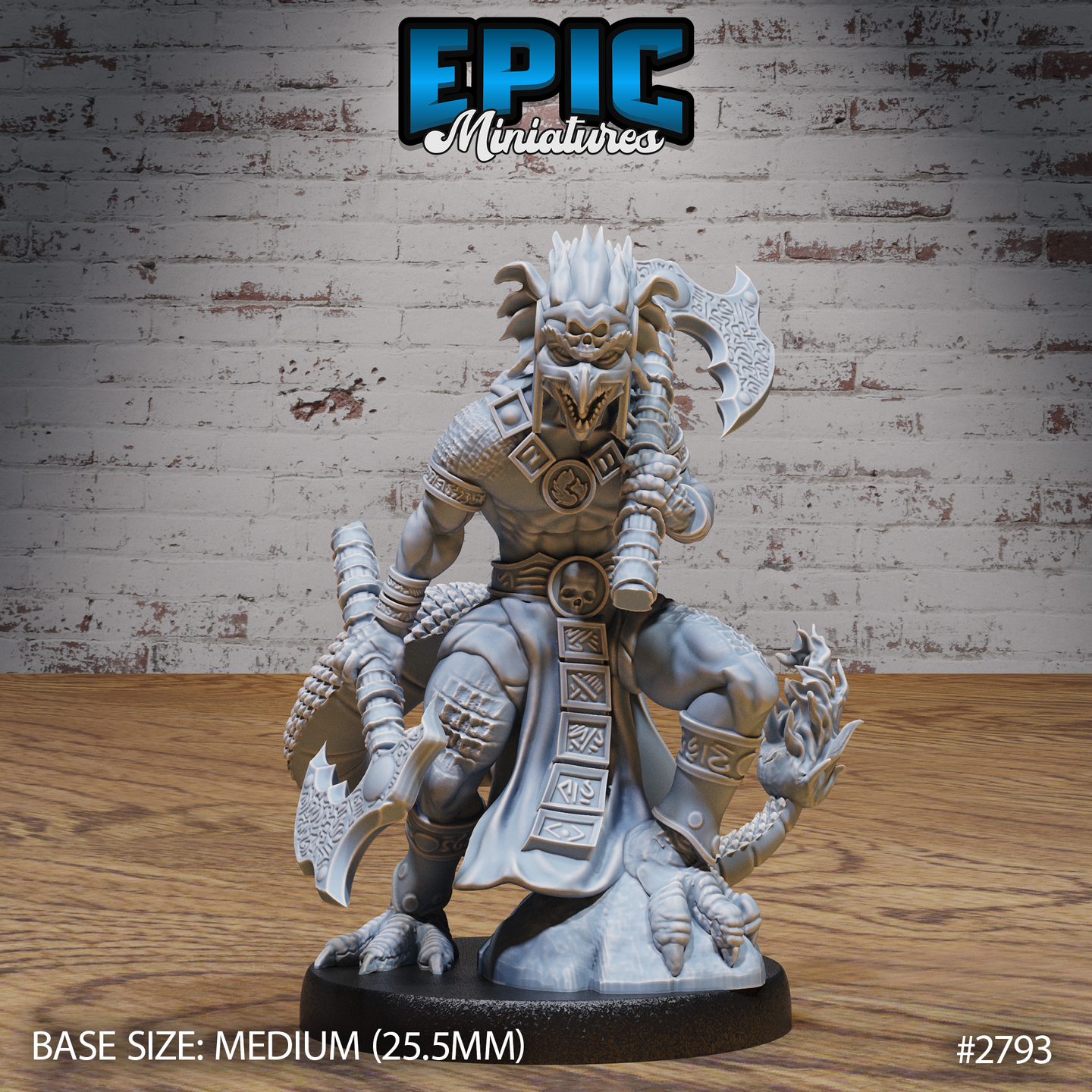 Dragon Kobold warrior holding two broad-bladed axes, wearing a snarling skull helm with dorsal spines, scale-plated leg armour, a rune-carved belt, and a serpentine tail curling at the base. Sculpt by Epic Miniatures.