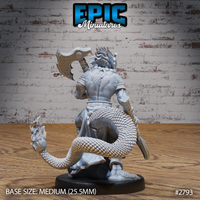 Dragon Kobold figure with a thick coiling scaled tail prominent behind the body, one axe raised overhead showing knotwork blade detail, wearing a studded back brace and scaled shoulder guards. Sculpt by Epic Miniatures.
