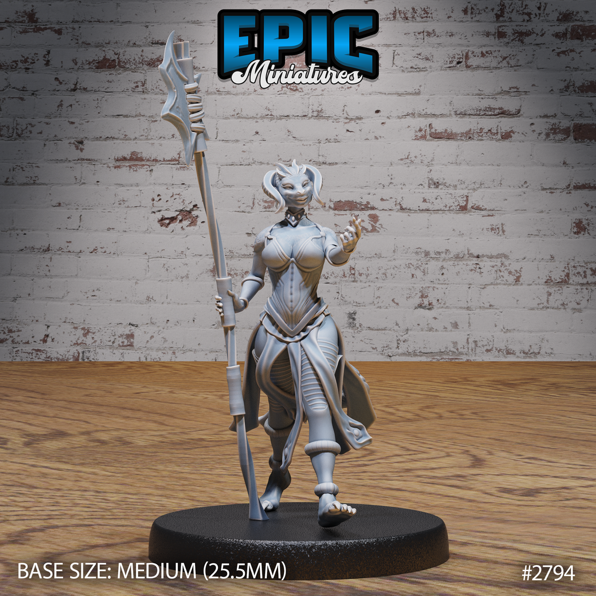 Lizardfolk female warrior striding forward, holding a tall ornate polearm in one raised hand with the other hand curled as if channelling power. Wrapped cloth armour, small head horns, bare feet. Sculpt by Epic Miniatures.
