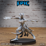Lizardfolk female warrior in a deep lunge, sweeping a long bone-tipped staff outward. Braided locs, small horns, open-mouthed snarl, scaled skin, flowing tied robes. Sculpt by Epic Miniatures.