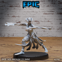 Lizardfolk female warrior in a deep lunge, sweeping a long bone-tipped staff outward. Braided locs, small horns, open-mouthed snarl, scaled skin, flowing tied robes. Sculpt by Epic Miniatures.