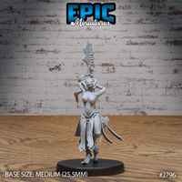 Female lizardfolk warrior raising an ornate bladed lance overhead with one hand, wearing segmented armour and trailing cloth panels, grinning reptilian expression, by Epic Miniatures.