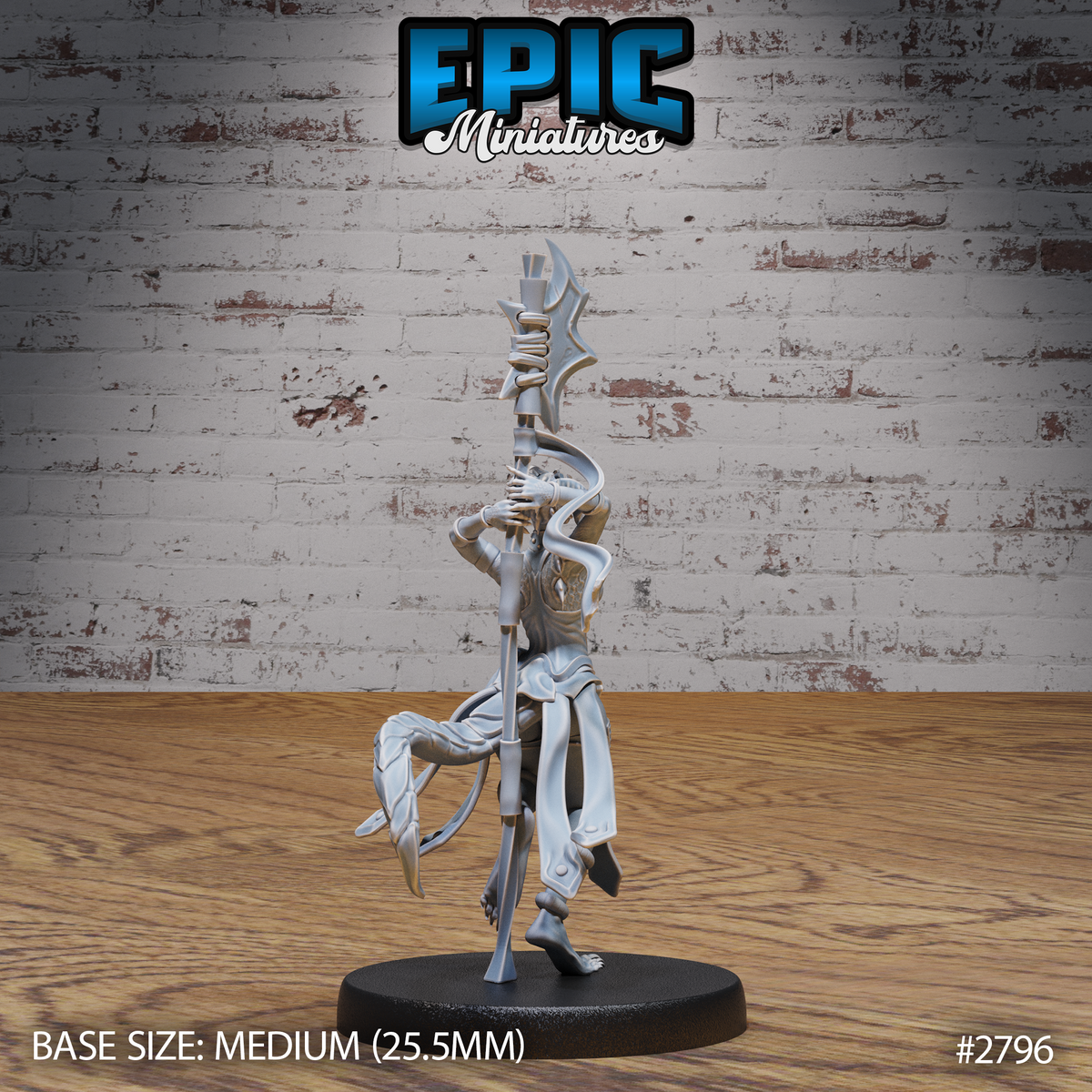 Female lizardfolk guard leaning into a tall cord-wrapped lance, segmented lower body armour visible, bare clawed feet, cloth draping at the sides, by Epic Miniatures.