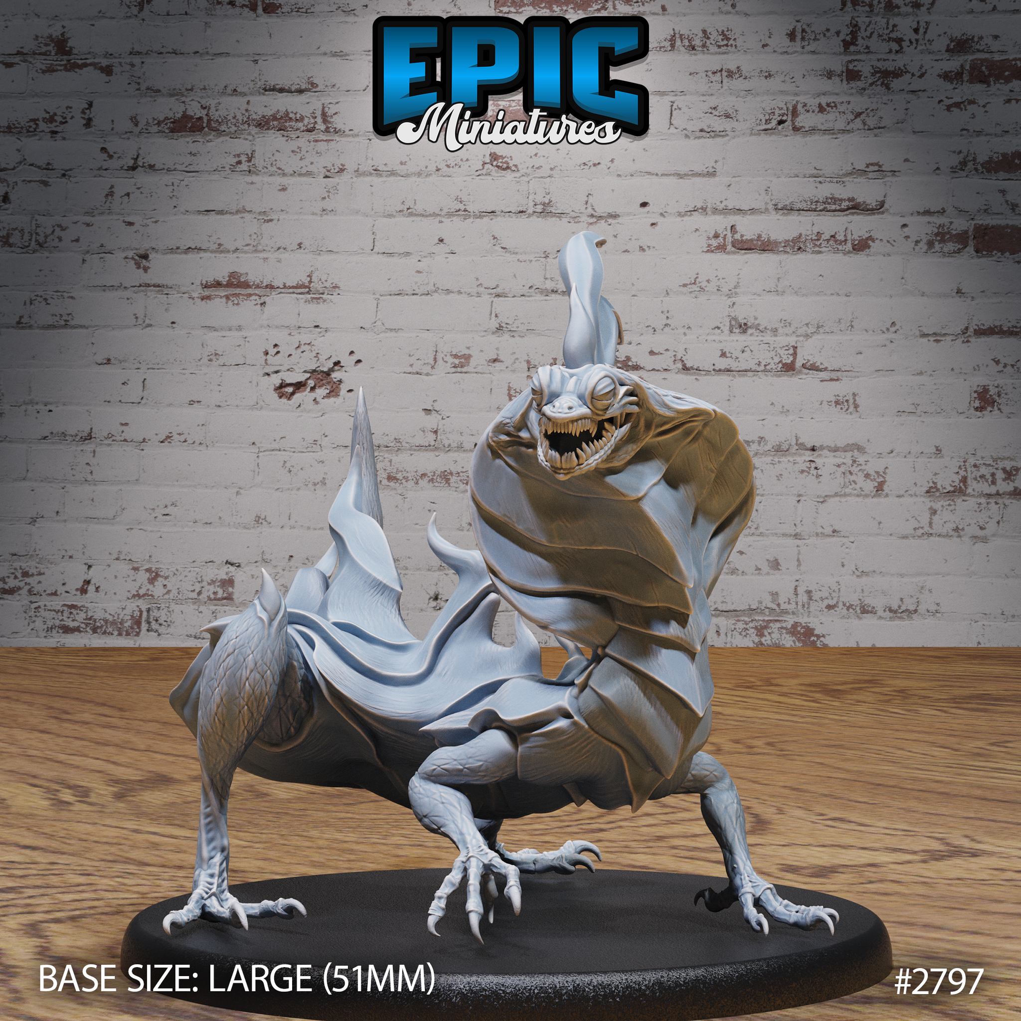 Cobra Lizard miniature by Epic Miniatures — wide-jawed reptilian beast with flared leathery frill, dorsal spines, clawed feet splayed low, maw agape showing jagged teeth. Large 51mm oval base.