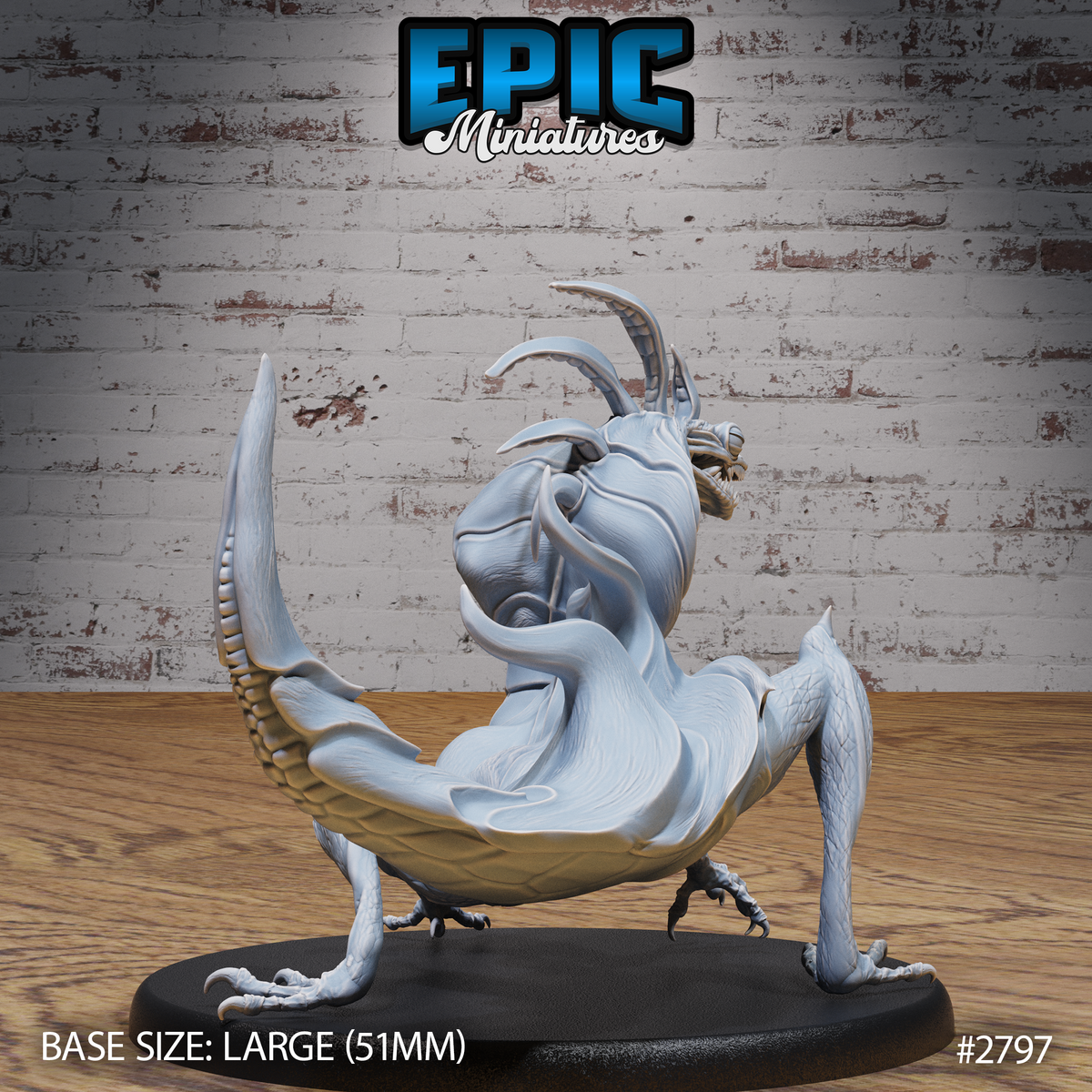 Cobra Lizard miniature by Epic Miniatures — rear view showing curved dorsal spines, muscular scaled haunches, broad folded frill, and hooked rear claws gripping the large oval base. Head turned to one side with open jaws visible.