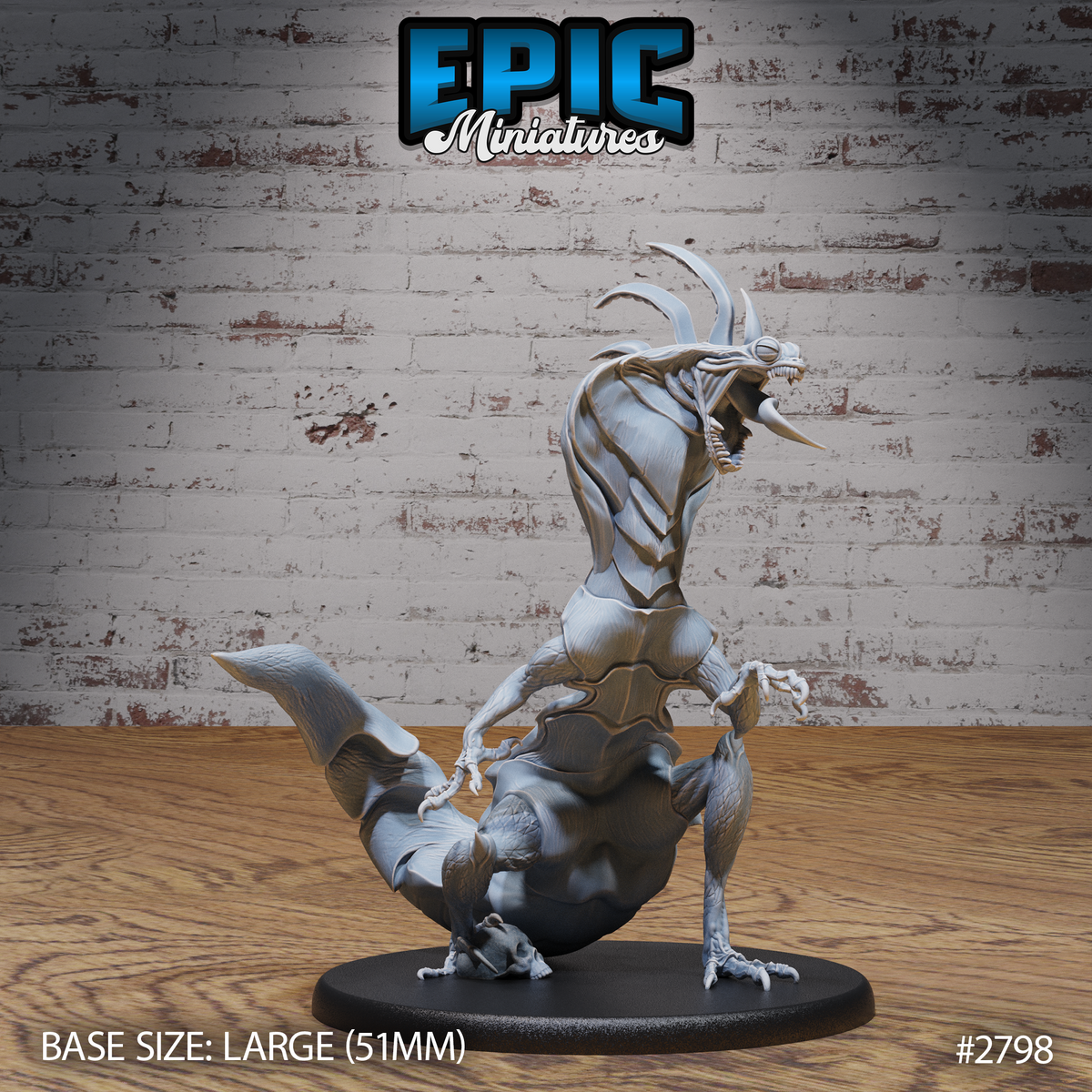 Rearing cobra lizard creature with jaws open wide, antennae swept back, segmented abdomen curving behind it, claws raised, skull underfoot on a large oval base. Sculpt by Epic Miniatures.