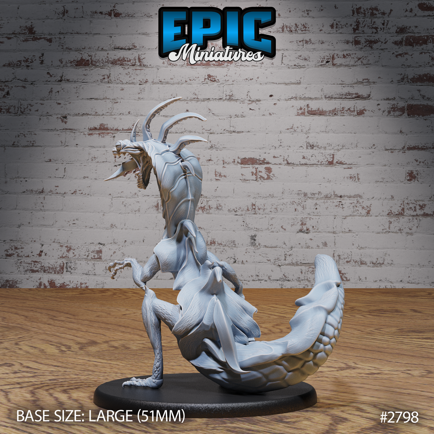 Cobra lizard sculpt shown from the opposite side, revealing ribbed segmented abdomen, swept antennae, open fanged jaw, and raised clawed forelimbs on a large oval base. By Epic Miniatures.