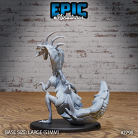 Cobra lizard sculpt shown from the opposite side, revealing ribbed segmented abdomen, swept antennae, open fanged jaw, and raised clawed forelimbs on a large oval base. By Epic Miniatures.