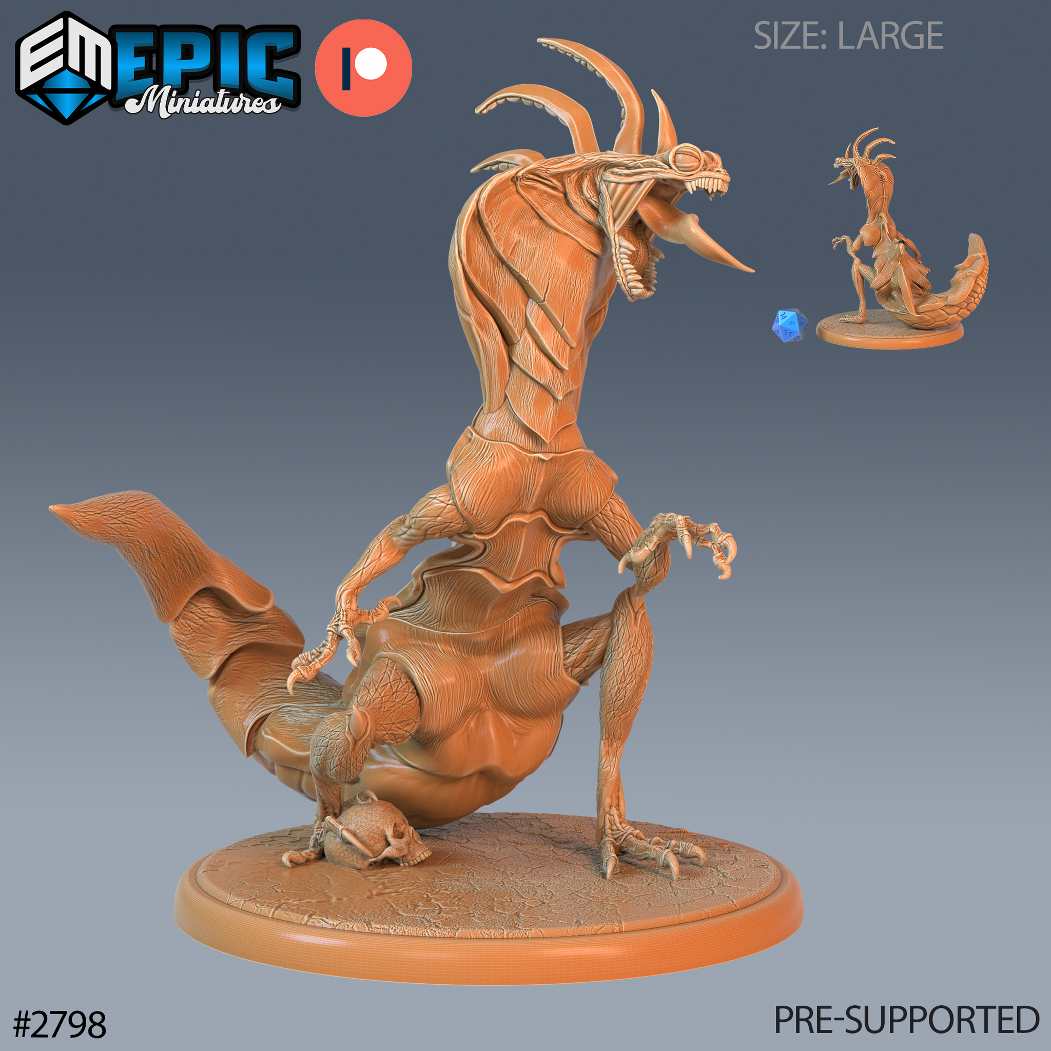 Coloured render of the cobra lizard in warm amber tones, rearing upright with jaws agape, showing detailed scale and chitin textures across the full body, on a sculpted desert base. By Epic Miniatures.