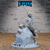 Snarling cobra-hooded lizard creature rearing upright on a rocky sea-stack base, with sculpted waves, a treasure chest, and ship wreckage visible at the summit. Sculpt by Epic Miniatures.