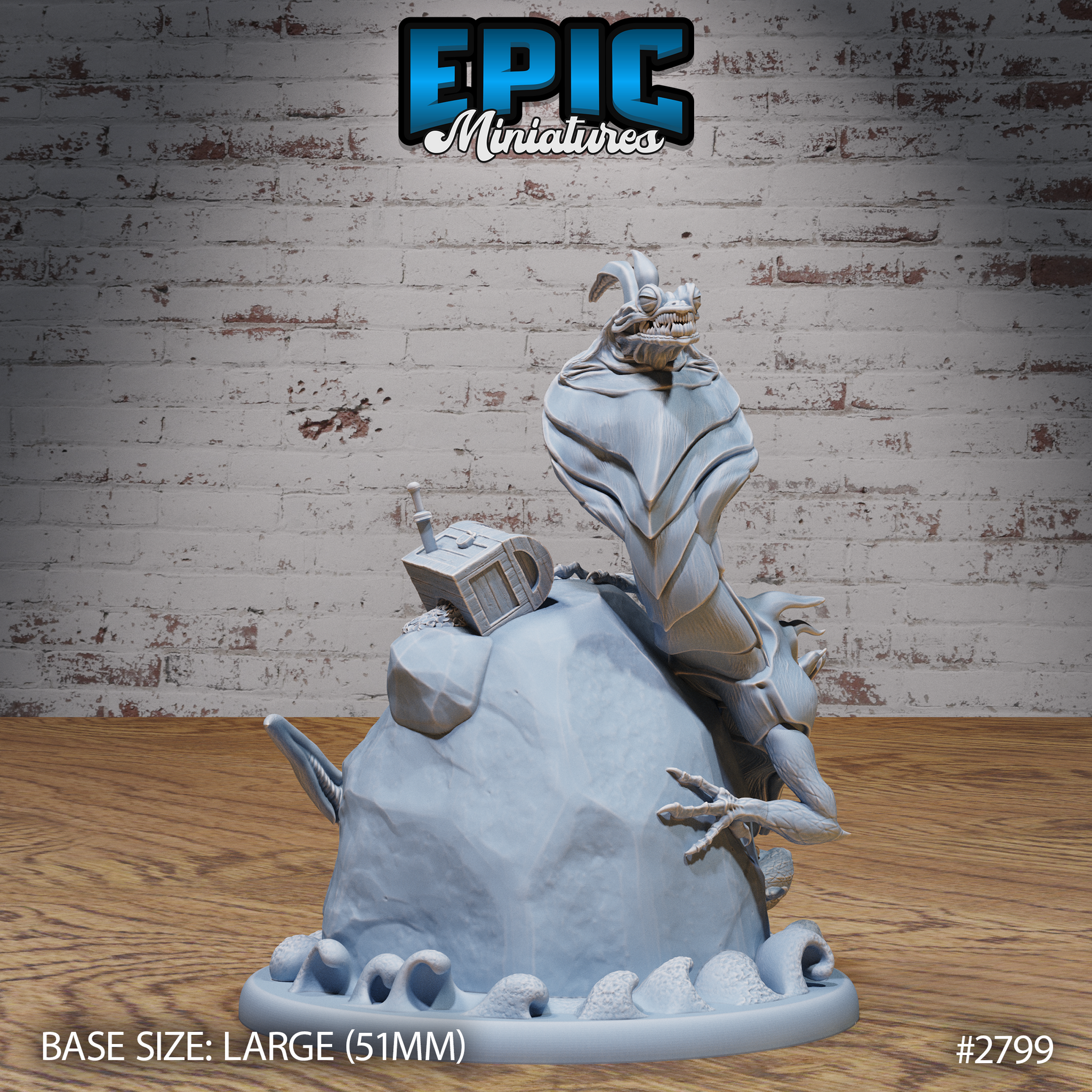 Snarling cobra-hooded lizard creature rearing upright on a rocky sea-stack base, with sculpted waves, a treasure chest, and ship wreckage visible at the summit. Sculpt by Epic Miniatures.