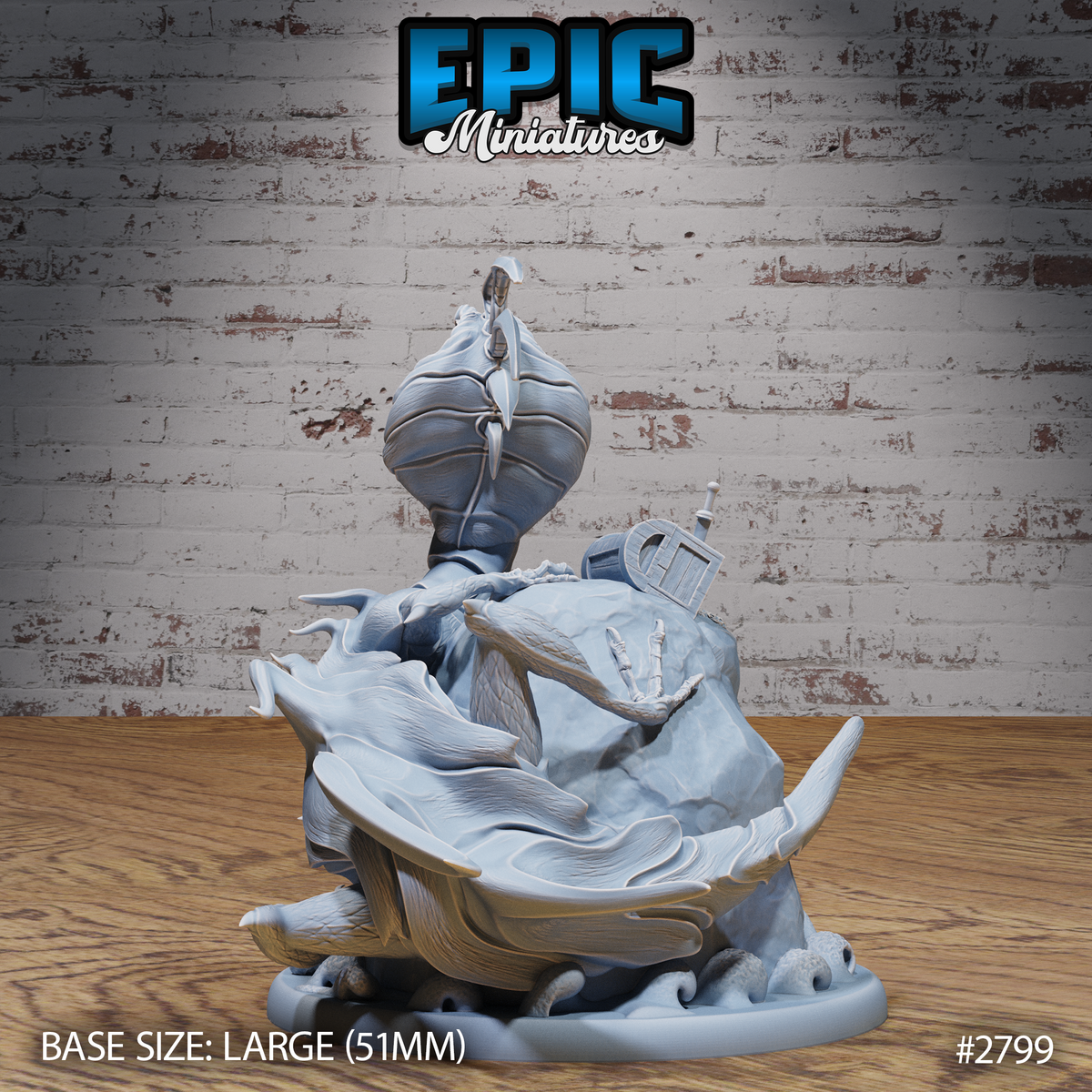 Cobra lizard miniature seen from behind, showing the wide flaring hood, coiling scaled tail, and detailed ship's railing and broken timber lodged in the rocky outcrop base. Sculpt by Epic Miniatures.