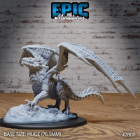 Ferocious dragon miniature lunging forward on rocky terrain, wings swept back and angled upward, long spiked tail curving to one side, heavily scaled body with broad horned head. By Epic Miniatures.