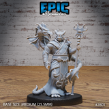 Dragonborn priest miniature in ceremonial robes, gripping an ornate staff with a swirling finial, a winged dragon familiar perched over his left shoulder. Sculpt by Epic Miniatures.