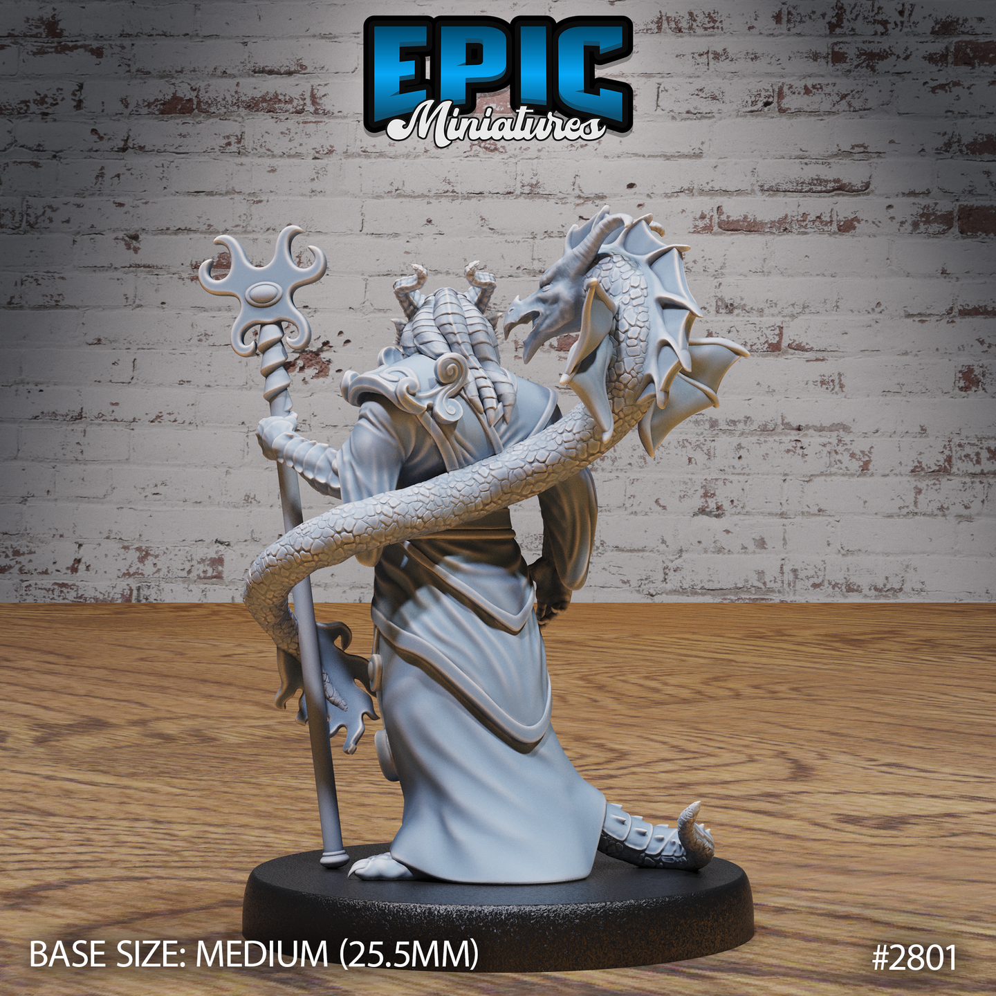 Dragonborn priest miniature viewed from behind, showing the dragon familiar's extended neck and fanned wings, its serpentine tail coiling around the staff. Sculpt by Epic Miniatures.