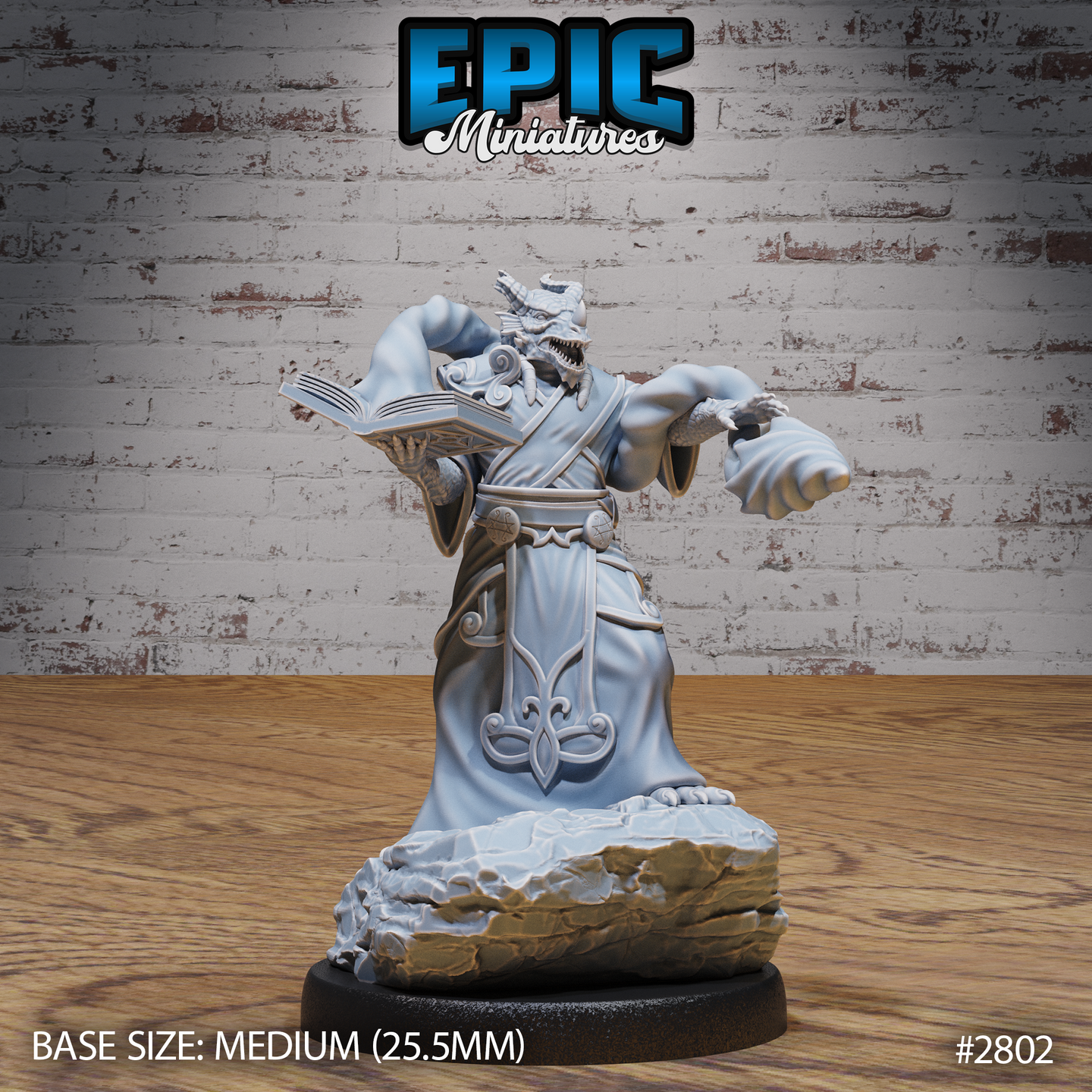 Dragonborn priest in sweeping ornate robes, holding an open spellbook in one hand and reaching forward with a clawed hand mid-cast, wearing a fearsome open-jawed draconic helm, standing on a rocky scenic base. Sculpt by Epic Miniatures.