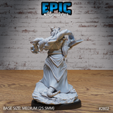 Dragonborn priest viewed from behind, revealing layered robe panels with carved decorative detailing, a belted waist, armoured ankle wraps, and a draconic horned helm, holding a spellbook at the hip. Sculpt by Epic Miniatures.