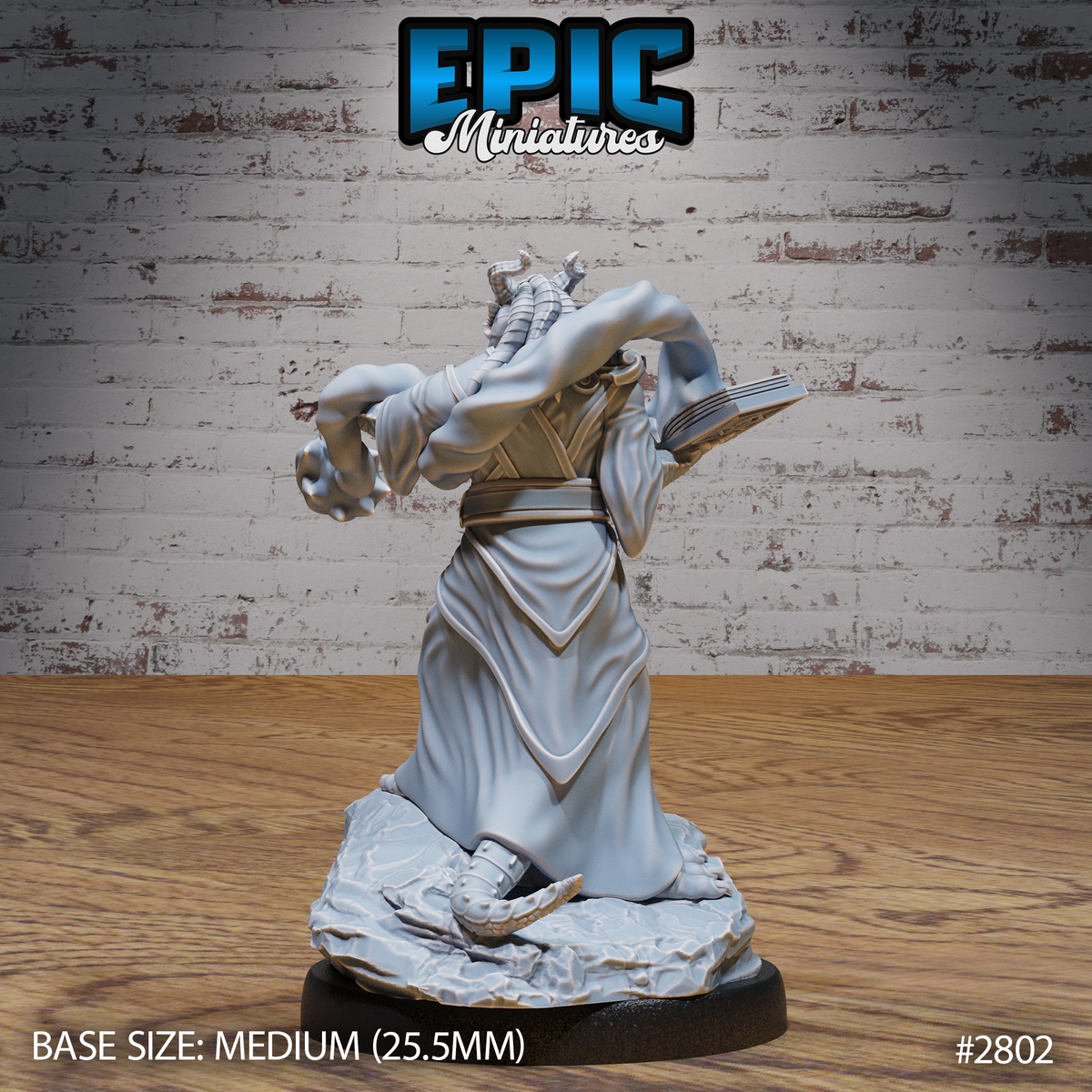 Dragonborn priest viewed from behind, revealing layered robe panels with carved decorative detailing, a belted waist, armoured ankle wraps, and a draconic horned helm, holding a spellbook at the hip. Sculpt by Epic Miniatures.