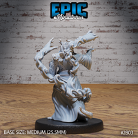 Dragonborn priest viewed from behind, clawed hands raised overhead with dense spirit-smoke tendrils swirling around both arms and wrapping across the back of the robe. Sculpt by Epic Miniatures.
