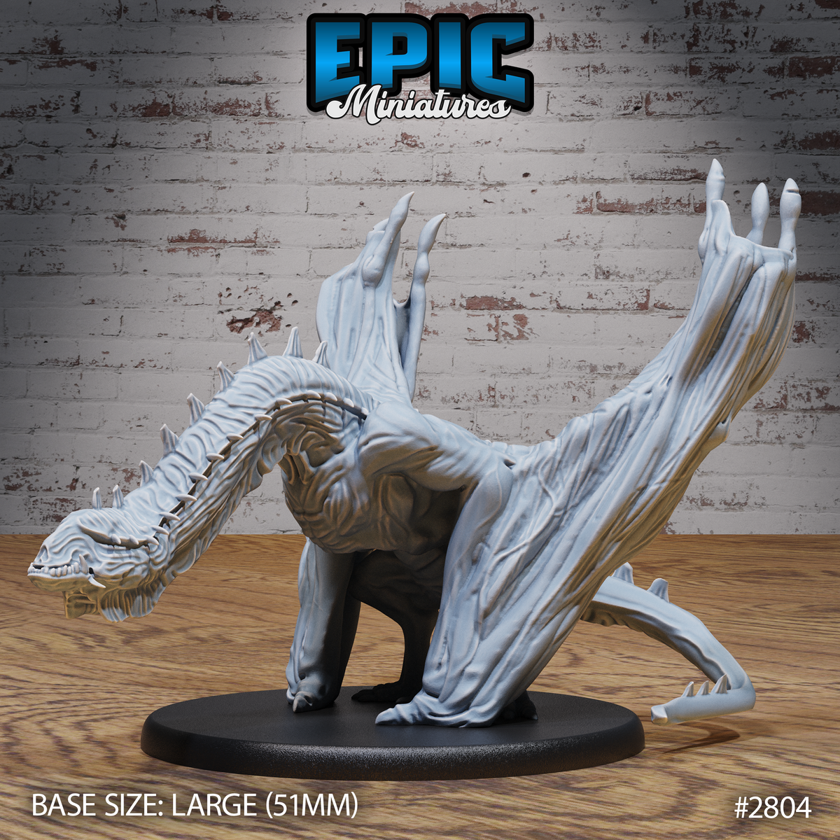 Cave Wyvern miniature by Epic Miniatures in a low predatory crouch, long ridged neck thrust forward with open jaws, broad membranous wings spread wide, spined dorsal crest running full length of the back, mounted on a large oval base.