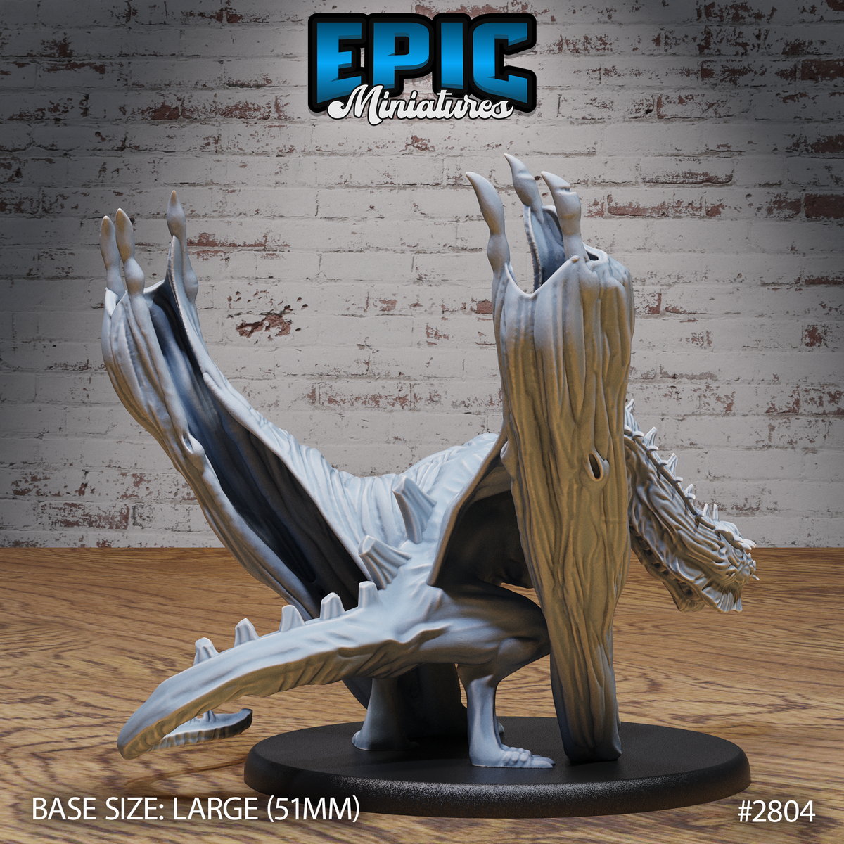 Cave Wyvern miniature by Epic Miniatures viewed from behind and above, showing the full span of the leathery wings with pronounced finger-like wingtip claws, deeply textured hide and ribbed membrane detail, raised dorsal spines, and large oval base.